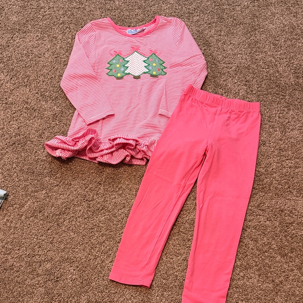 Trotter Street Kids Pink & White Striped Christmas Tree Appliqué Matching Set